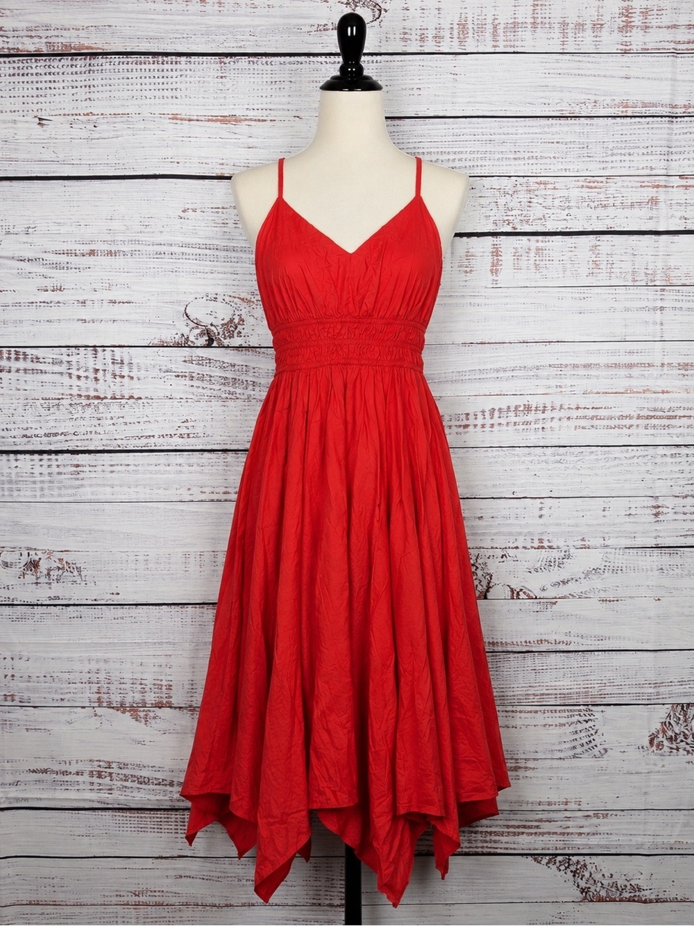 Dizzy Lizzy XL Red Smocked Cotton Handkerchief Hem Midi Dress Boho